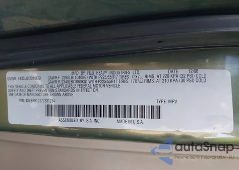 2007 Subaru Outback 2.5I z USA, uszkodzony, nr VIN 4S4BP61C577331234